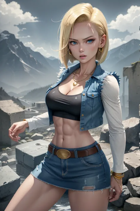 best quality, high resolution, and18, 1girl, android 18, alone, blonde hair, blue eyes, belt, denim mini skirt, gold necklace, bracelet, clenched fists, black shirt, short hair, striped long sleeves, bare belly, abs, deep cleavage, earrings, blue mini skir...