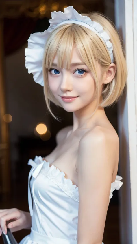 blonde hair,Maid Costume,young beautiful girl,super slender body,Correct human body,detailed eyes,detailed face,beautiful face,cute face,beautiful skin,Eyes of the same size left and right,droopy eyes,embarrassing smile,highest resolution,Best Quality,mast...