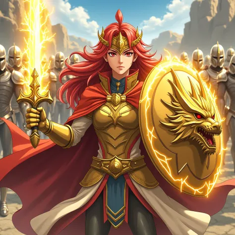 An anime warrior with long red hair, wearing golden armor and intricate details, fighting on a battlefield. He wears a crown with a red crest, a billowing cape, and a massive shield in the shape of an electrically powered golden dragon head. In his other h...