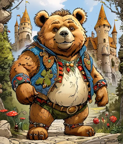 style of Arthur Adams, (cute, chubby, male, bear), adorable, magical, fantasy, hires textures, highly detailed, intricate details, best quality, masterpiece, zPDXL3