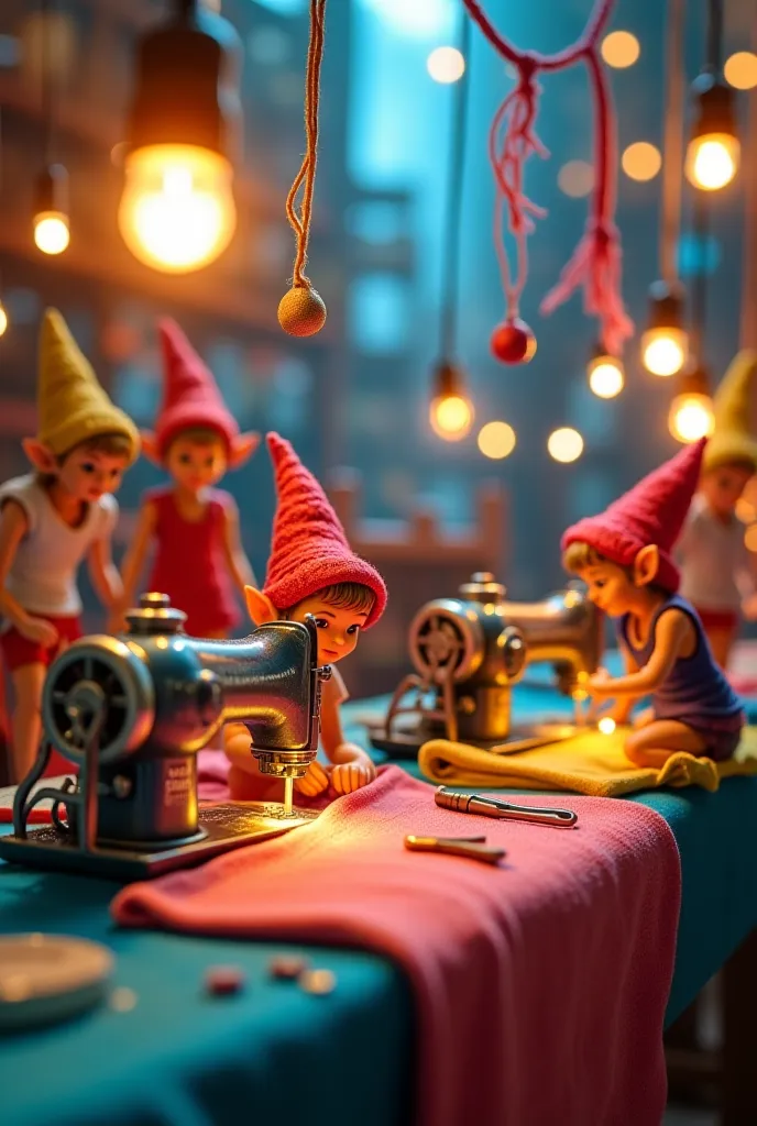 A group of tiny elves working inside a magical t-shirt factory. They use enchanted sewing machines, colorful fabrics, and tiny tools to create stylish summer t-shirts. The atmosphere is vibrant, with glowing threads and floating fabric rolls. The scene fee...