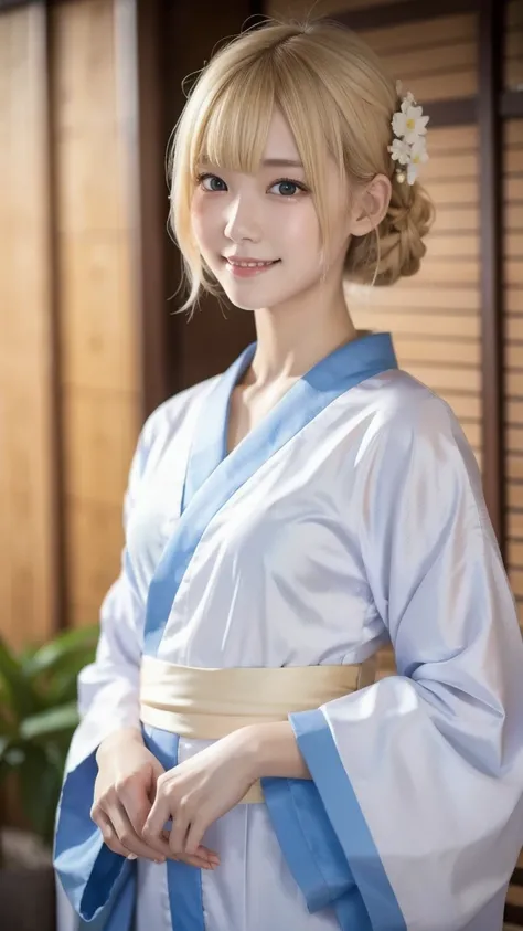 blonde hair,Sexy kimono,young beautiful girl,super slender body,Correct human body,detailed eyes,detailed face,beautiful face,cute face,beautiful skin,Eyes of the same size left and right,droopy eyes,embarrassing smile,highest resolution,Best Quality,maste...