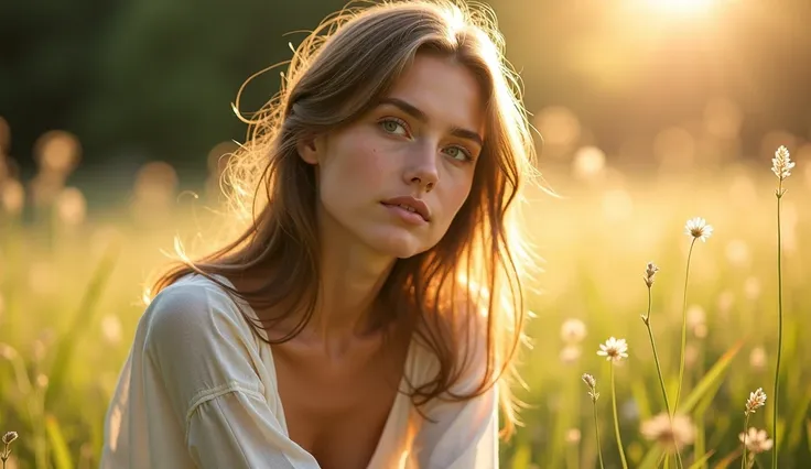 A realistic portrait of a young woman, sitting alone in a sunlit meadow, slightly distant from the viewer, her gaze softly lost in the distance, immersed in a sense of quiet reflection and gentle longing. Her expression conveys serenity touched by subtle m...