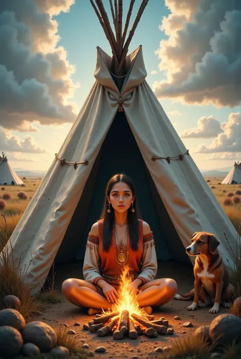 Kiowa squaw , seat cross-legged in front of his tipi, campfire burn, a dog lies next to her