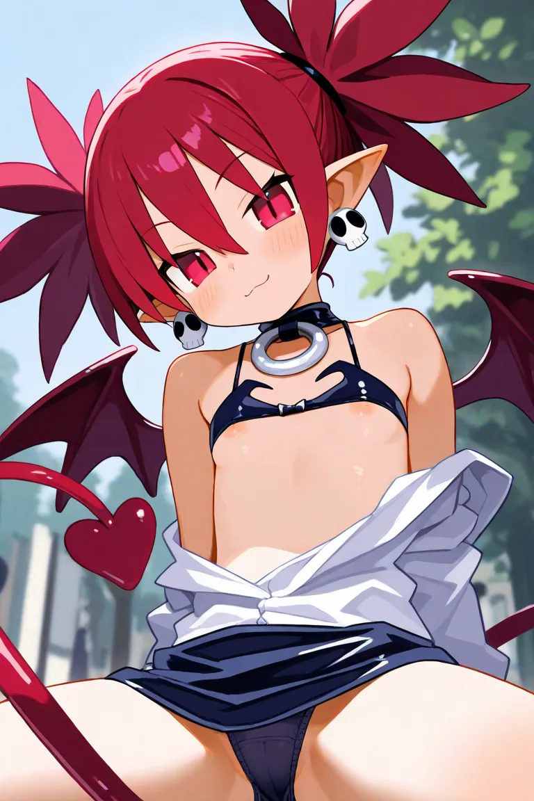  Disgaea ,Etna, undressing,NSFW,strip,Showing her chest,outside, soft touch ,exhibitionist,Squat down and spread your legs