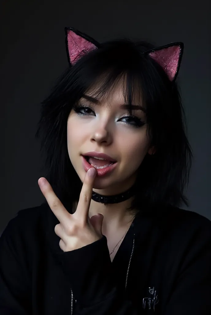 dancing, high resolution, emo makeup, cat ear accessory, look naughty,  sexy smile ,eye pencil, Portrait, e-girl, dark BACKGROUD 