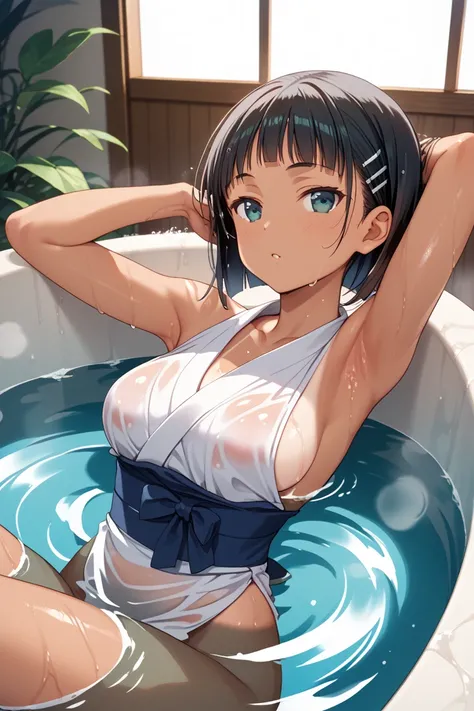 kirigaya suguha, tanlines, sideless kimono, , clothed bath, armpit focus, wet