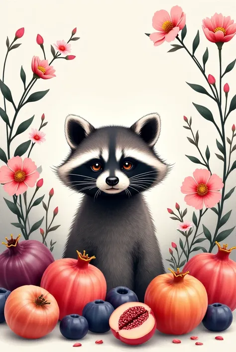 Realistic raccoon, fruits and flowers illustration with Chinese ink