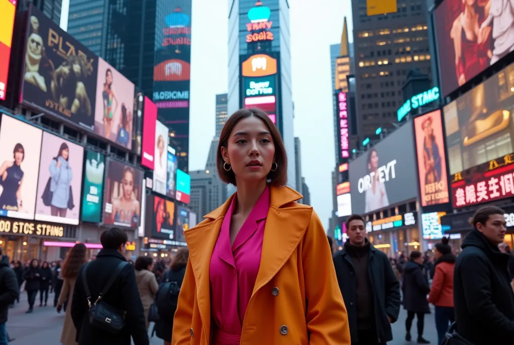 Realistic image,  cinematic, 4K,  colored coat, New York City in the year 2035, with some technological advances planned for that time, In transportation, buildings, people's clothing, in a close-up view of Times Square,  in a nighttime setting .