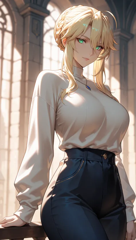 Masterpiece, very aesthetic, vibrant, high contrast, high resolution, ultra detailed, cool and mature woman, artoria Pendragon (lancer), casual clothes, soft light, best quality, newest, castlevania: nocturne animes style 