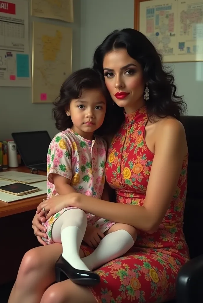 gorgeous mother and young daughter latina makeup red lipstick 80s flower dress glossy  white tights and black high heels sitting in office 