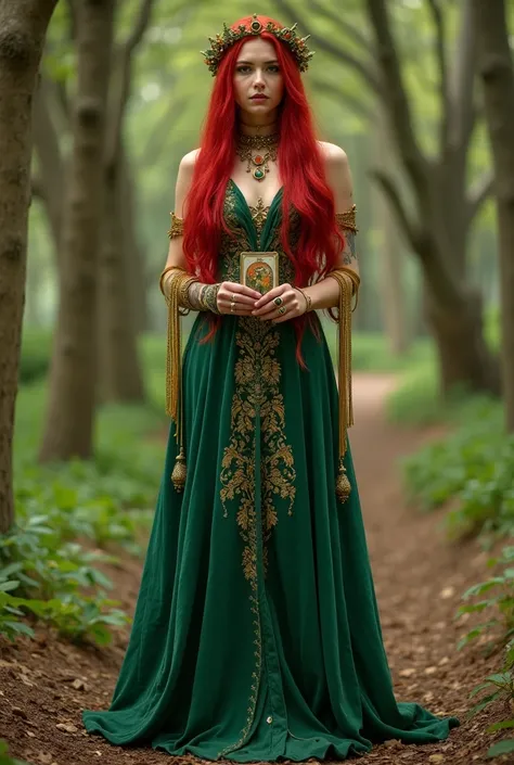 Beautiful gypsy straight red hair long red jewelry piercing eyes emerald green and gold festive costumes with holding the tarot card and falling gold sitting outdoors Enchanted Forest long skirt embroidered mystical scenery extremely jewels in her hair she...