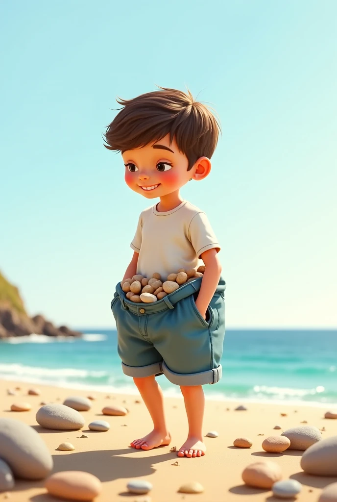 Liam trying to walk, his shorts sagging from the weight. Liam is a small boy, he should be by the sea with the pebbles looking heavy in his pockets 