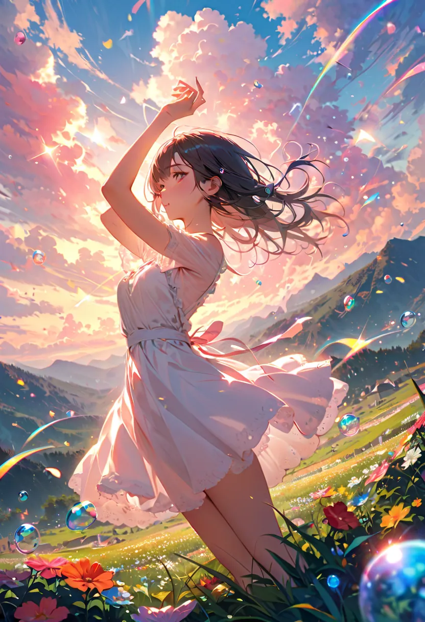 ＪＫ, flowing hair with handprints,beautiful sky from the light source,  beautiful clouds, summer， Colorful Flowers, (Transparent bubbles sparkle in the sky), masterpiece,Hi-Res,Wide Angle Lens