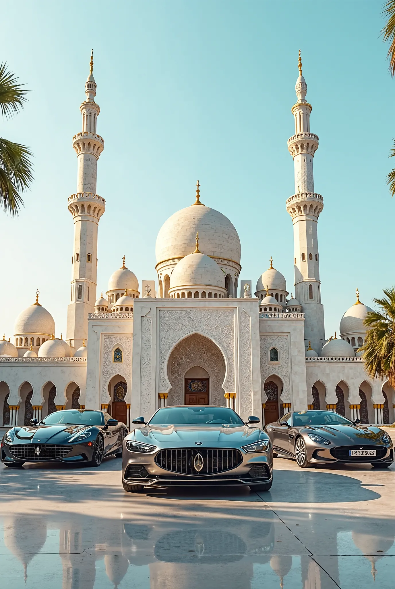 Ultra luxury cars parked in front of the mosque