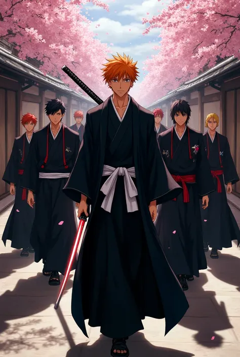 Ichigo Kurosaki, humanized: A realistic young man with messy, vibrant orange hair and sharp brown eyes, wearing a black kimono-style robe with white trims and a long, flowing coat. He strides forward confidently, his large sword strapped to his back. Surro...