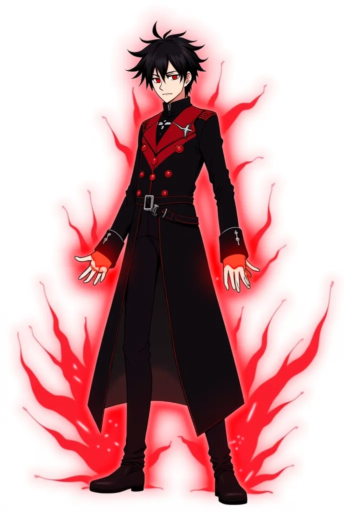 "A young male character, Ryouma Kuroshiki, around 18 years old, with messy black hair and a few red streaks. His eyes glow in an intense red hue, signifying the activation of his power. He wears a long black coat with red details and a mysterious symbol on...