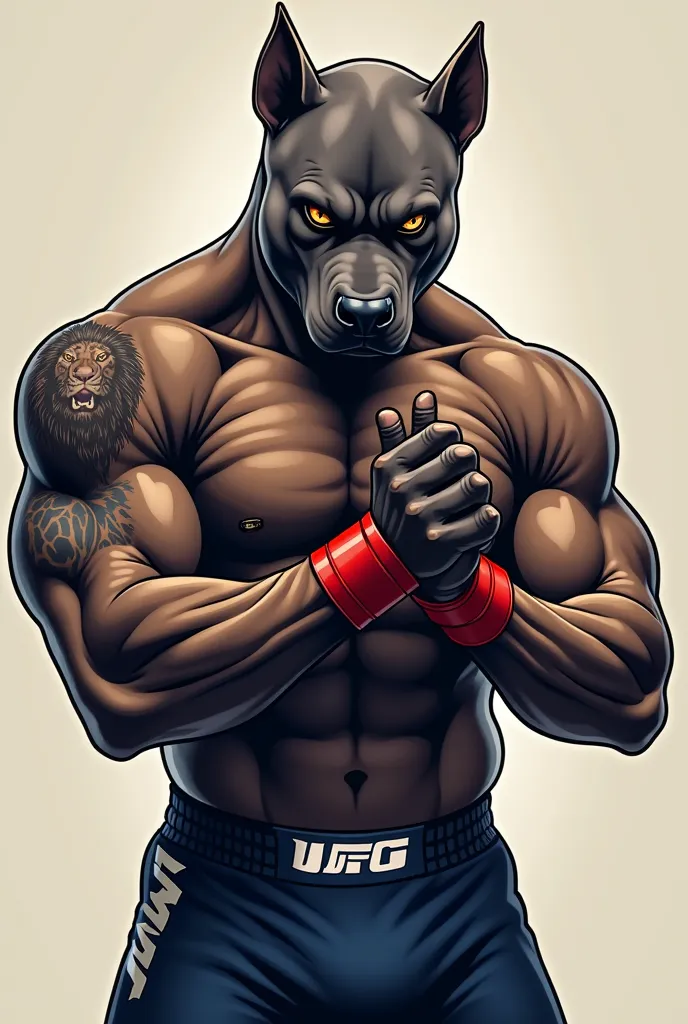 vector image: a strong dark-skinned MMA fighter is tying a ribbon around his hands, his face is that of a grim-faced pitbull dog, shirtless with navy blue fighter shorts with white detail on the waistband, he has a lion tattoo on his arm