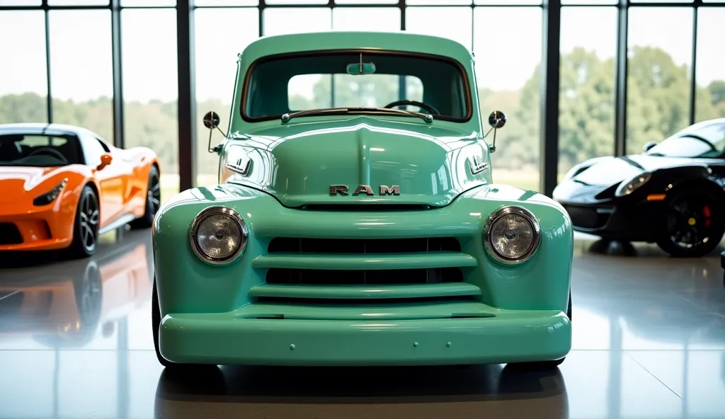 "A straight front view of a vintage-style RAM pickup truck in a luxurious showroom, painted in pastel mint green with a high-gloss finish. The truck features a retro-futuristic design with smooth curves, a bold front grille, and modern LED headlights. The ...