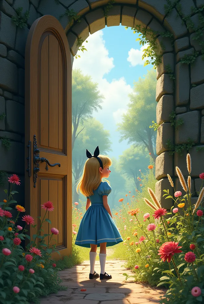 Create a drawing of Alice looking through the door,To the flowerbed,But Alice has to be bigger than the door