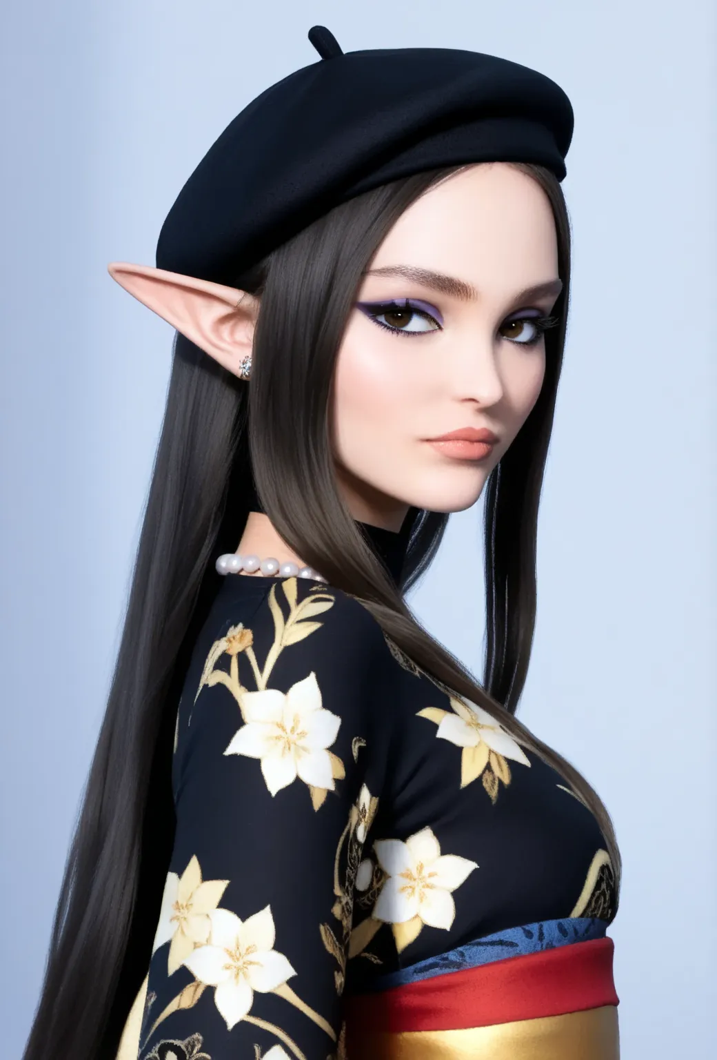 A captivating depiction of a modern elf warrior blending French and Japanese aesthetics, posed gracefully against a neutral background. Her hairstyle is a low bun, exuding sophistication. She wears a cropped shirt inspired by the French Breton design, feat...