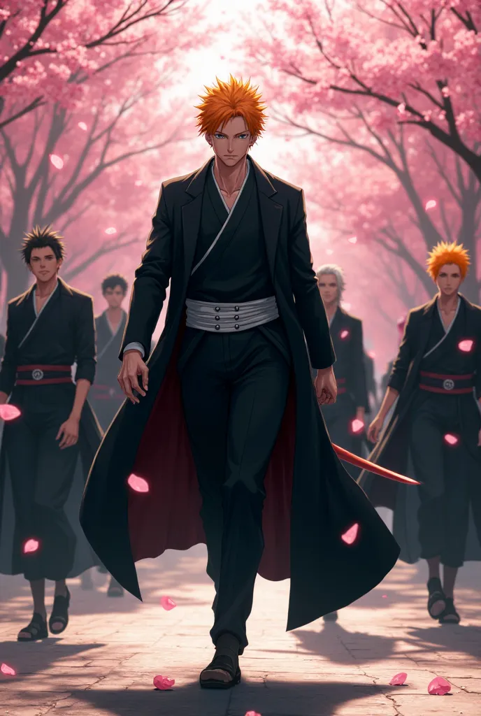 Ichigo Kurosaki: A young man with spiky orange hair and intense eyes, wearing a black shihakusho with white accents and a long flowing coat. He walks confidently forward, his Zanpakutō on his back, escorted by the Kurosaki Clan — warriors in black and red ...