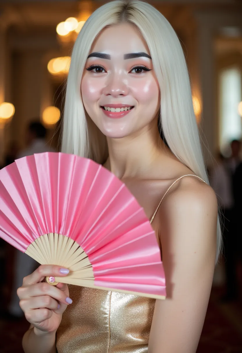 photo of a beautiful young woman with long platinum white straight hair, pale glossy skins and an alluring expression, holding a sleek satin vibrant pink plain hand fan. She wears a glittering gold cocktail dress that catches the light beautifully. The cam...