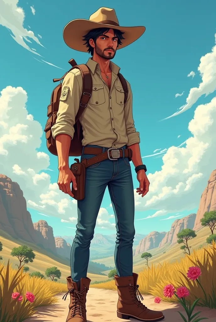 A 25-year-old solo traveler with a cowboy vibe without using a pistol, with a thin beard and a hat, anime style