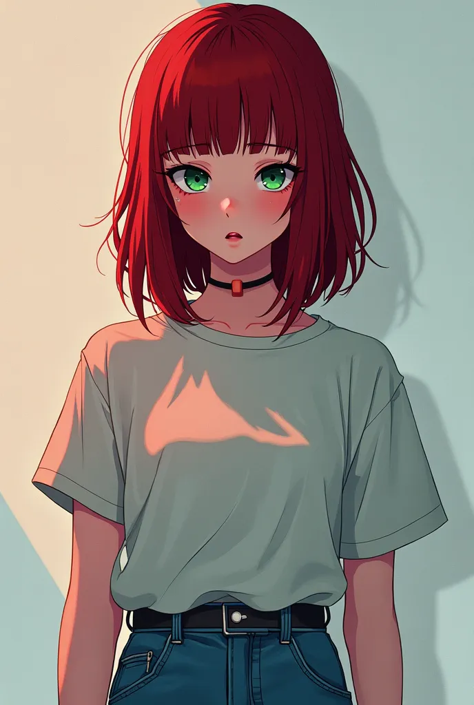 Anime girl with dark red shoulder length hair with straight bangs and straight hair with green eyes wearing a band tee shirt and baggy jeans under