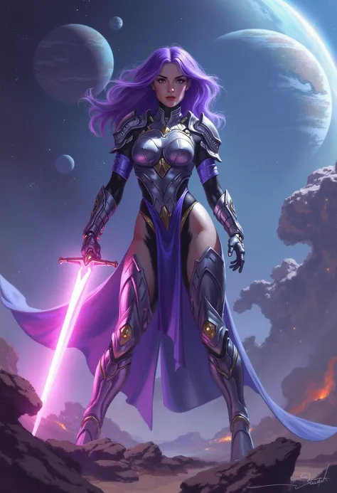 In the depth of space, a cosmic warrior with striking purple hair stands poised and determined. Clad in futuristic armor that gleams under the stars, she holds a radiant energy sword, its blade casting a pink glow. Her intense gaze and battle-ready stance ...