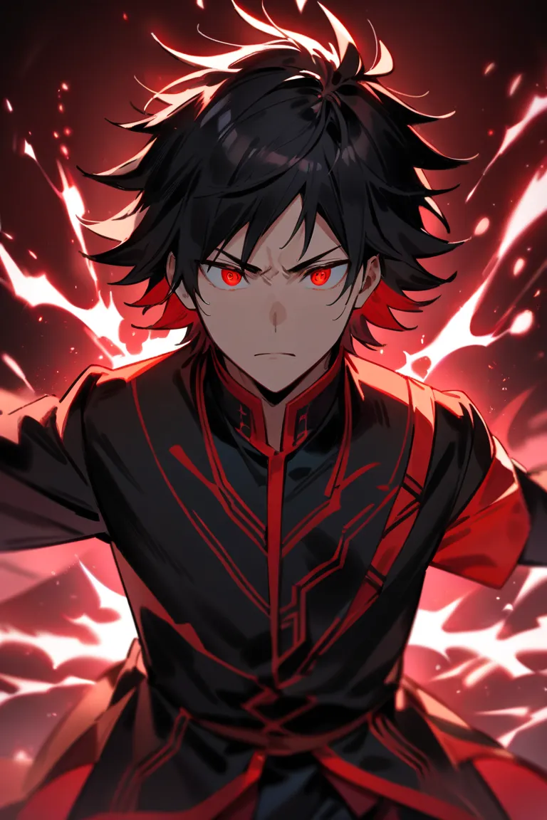 "A young male character, Ryouma Kuroshiki, around 18 years old, with messy black hair and a few red streaks. His eyes glow in an intense red hue, signifying the activation of his power. He wears a long black coat with red details and a mysterious symbol on...