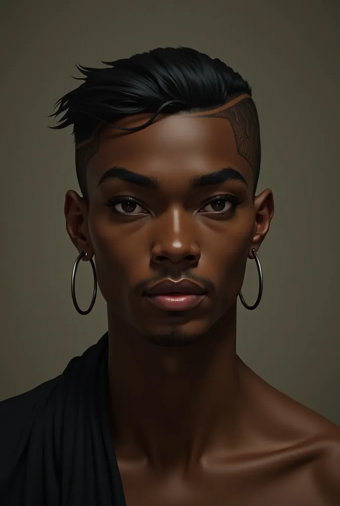 Make a dark-skinned male character with low hair with fine lines 