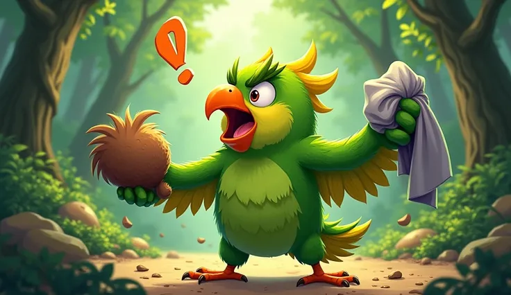 ren's book illustration, green parrot (Angry) holding a brown fur and a piece of gray fabric, with a 'Eureka!' expression. Forest background with footprints." 