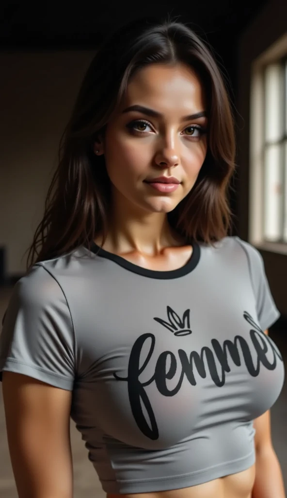  beautiful SofiLobos with a beautiful smile , modeling a gray cotton t-shirt with a large neckline with black text "FemmeWolf " in feminine letters and a crown. 