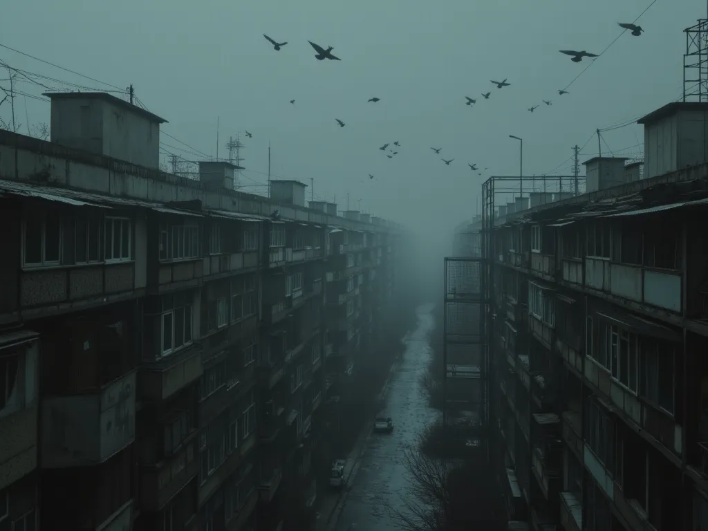 paneled building, paneled houses, Gloomy City, five-story buildings, rain, horror, bird's-eye view