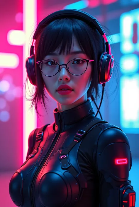  Japanese woman wearing glasses with headphones in a futuristic shape with a futuristic outfit in a setting with Lusez Leiser Verde discoteca