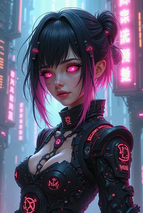 Create an image for me of a necromancer girl with technological powers with black and pink hair