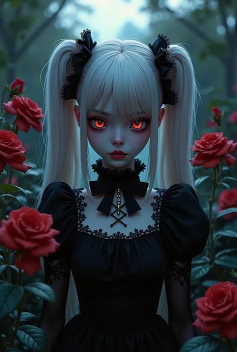 Kasane Teto in a dark gothic doll image in a rose garden at dusk