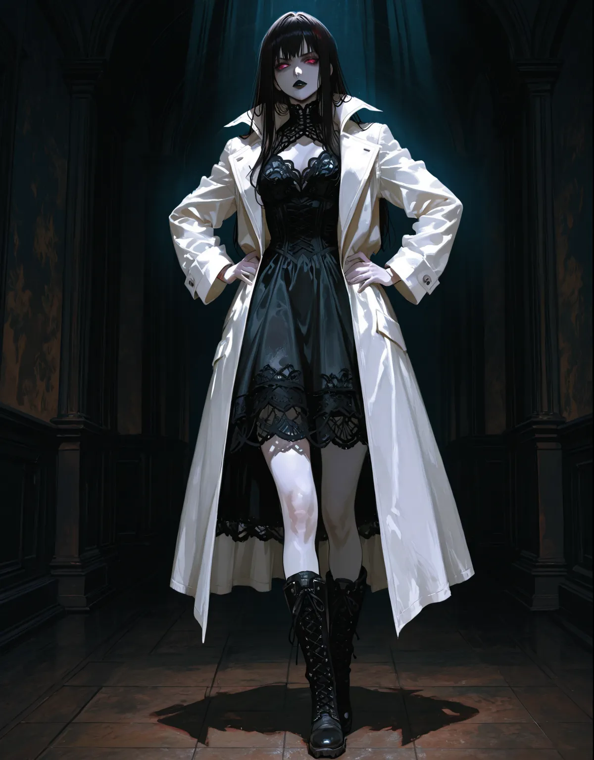 Gothic cosplayer woman in a black dress and white overcoat, black lipstick, full body