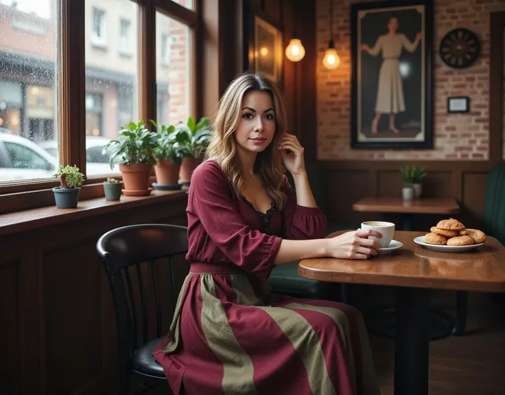 A candid yet refined photograph of a beautiful woman with warm light-brown hair featuring subtle golden highlights. Her long, straight hair is slightly wavy at the ends, falling freely over her shoulders. She has soft facial features, including expressive ...