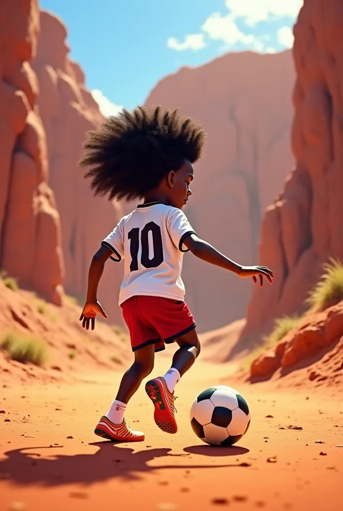 Black boy with curly hair, Playing soccer in Quebrada with the white Ghanaian national team jersey and the number 10