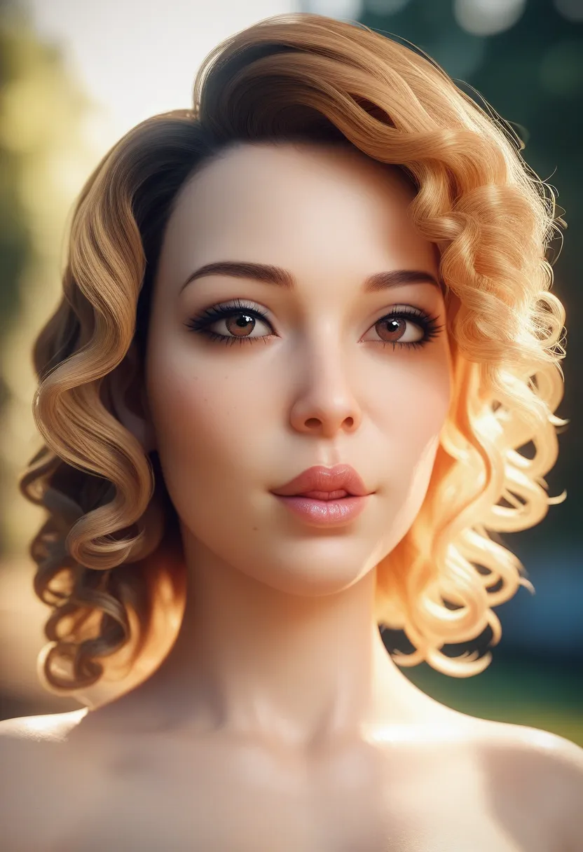 Realistic female avatar, 25 years old, fair skin with natural texture, brown curly hair with golden highlights, expressive brown eyes, soft lips with a slight shine. Soft studio lighting, blurred background in pastel colors. Ultra-realistic 3D style, 8K de...