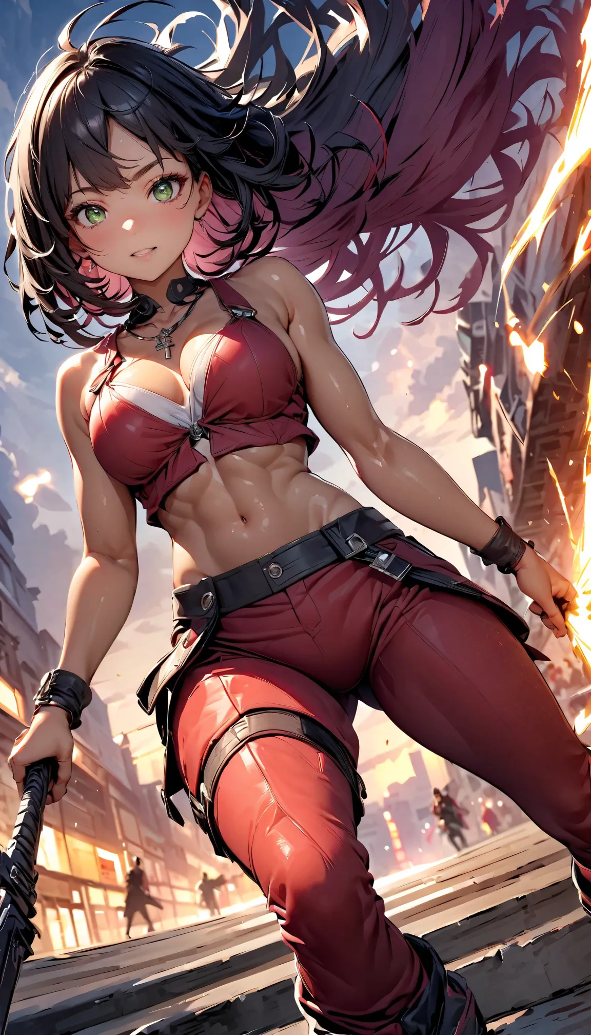 oriental female warrior\(dominant,  beautiful,age of 25 years,1.74m (  muscular:1.3),sun brown skin,Brown flowing long hair,green shiny eyes,big eyes, strong will face ,leather jacket red\(Figure emphasized , fighter\),red leather pants\( blacke leder schr...