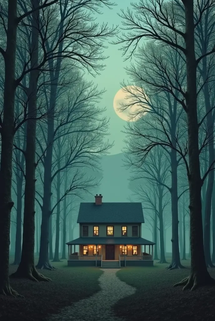 I want a book cover for a drama story called The Reunion: the ghost of Lila. I want an image of a double story house in the wilderness, with an alignment of trees around it. Make the house more normal and real, not eerie. 