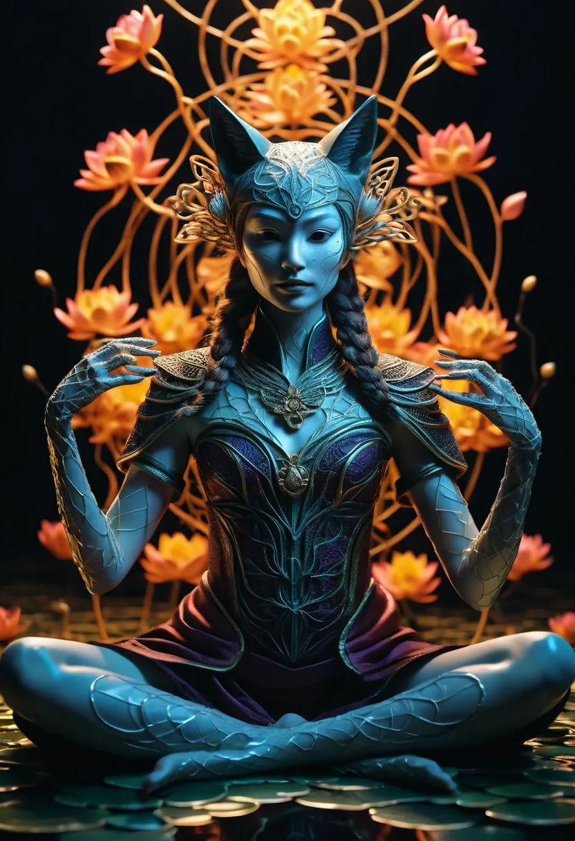 fullbody Photography of  lotus pose girl，anatomically correct,Raw, cinematic shot, (sharp focus:1.5), (photorealistic:1.4), twilight lighting, volumetric lighting, ultra high res, 16K,dramatic lighting, abstract backgrounds：1.5）（zentangle，datura，Tangles，en...