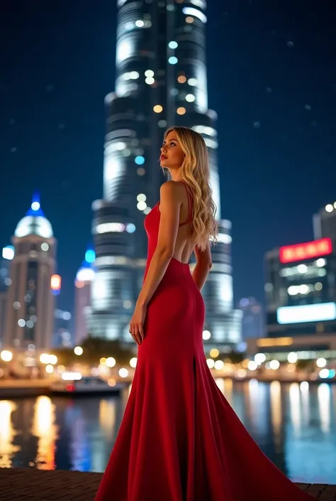 A blond woman standing at the foot of Dubai's Burj Khalifa. She's wearing an evocative shaped dress, Her graceful and charming silhouette is highlighted. Her Blondes are cascading down my shoulders like gentle waves. This scene takes place at night, The sp...