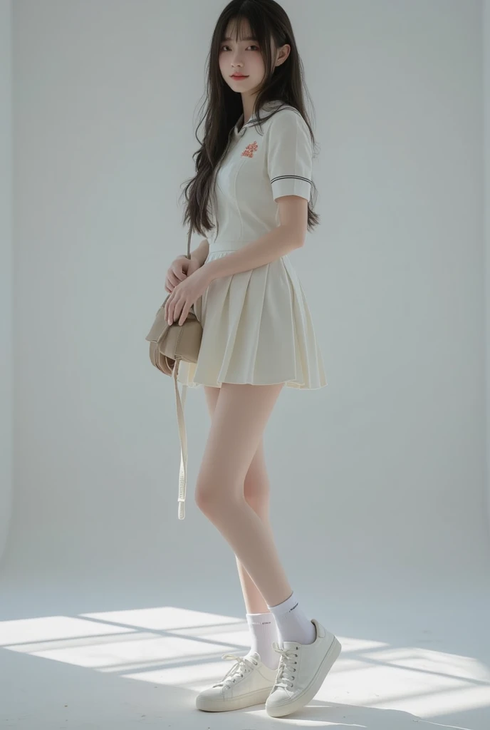  A Chinese schoolgirl ，Wearing school uniform，White cotton socks on the feet，white sneakers，The appearance is very beautiful，Very slim