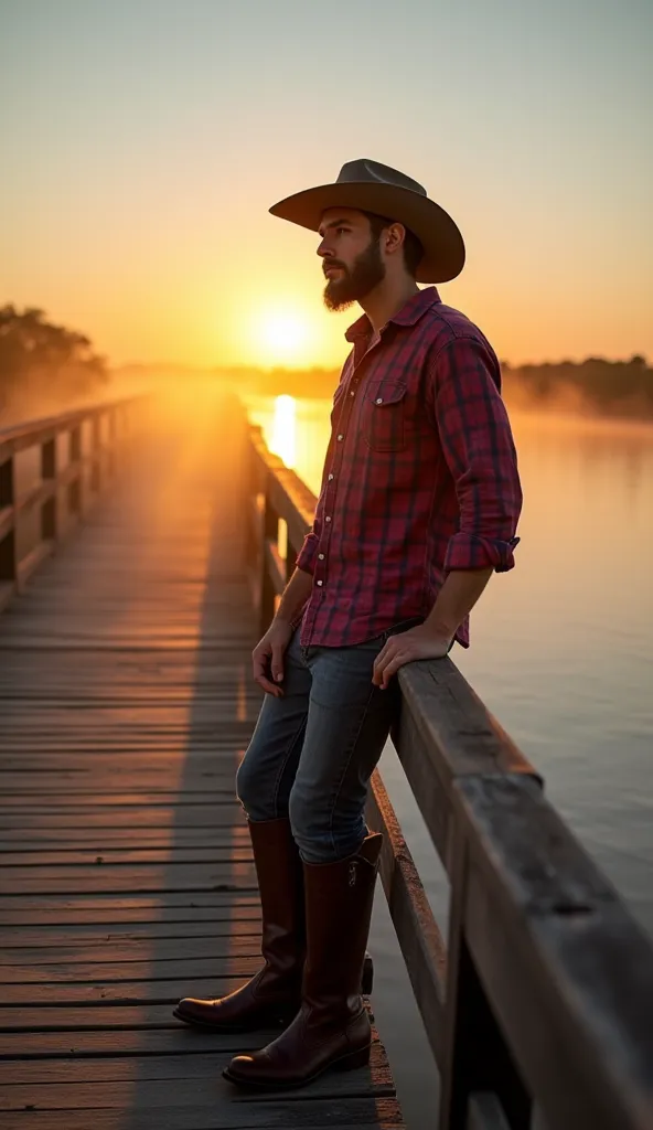 Wooden deck on the banks of a river in the Pantanal at dawn, mist over the water, capybaras in the distance, 28-year-old man cowboy style, low beard, sexy, red and blue checkered shirt and boots, leaning on the railing, visible breath, rising sun with gold...