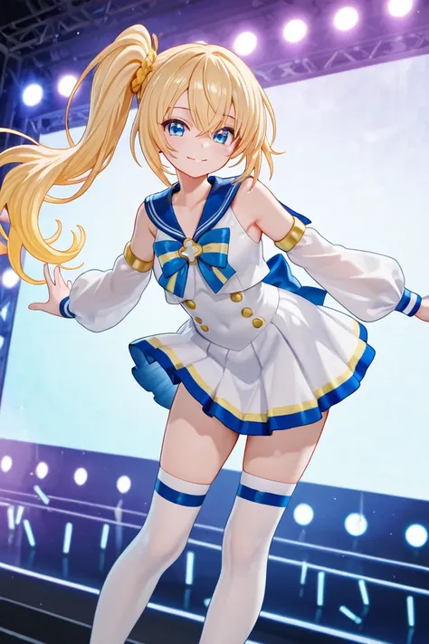 A bright and mischievous girl with a playful, devilish personality, yet with an angelic twist. She has vibrant golden-blonde hair styled in a side ponytail, gathered to the side emphasizing a cute and dynamic look. 
She wears a separated sailor suit in lig...