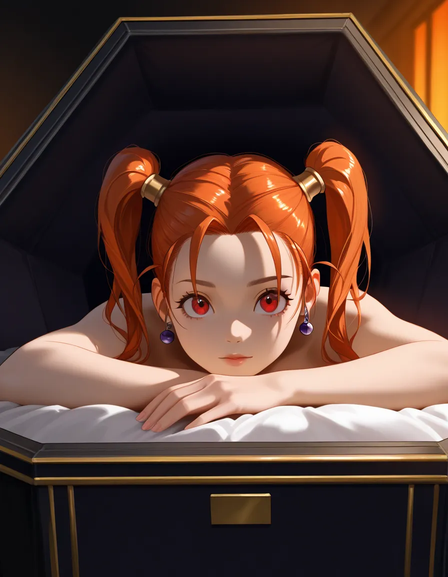  best quality ,  completely naked、pubic hair、Jessica Albert、 orange hair、 Red Eyes、 twin tails、big breasts、cadaver、eyes、 Alone、 completely naked、Lying in a coffin、strength